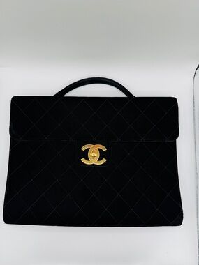 Chanel Authentic Vintage Deep Black Velvet Briefcase Gold Hardware, 1994-1996